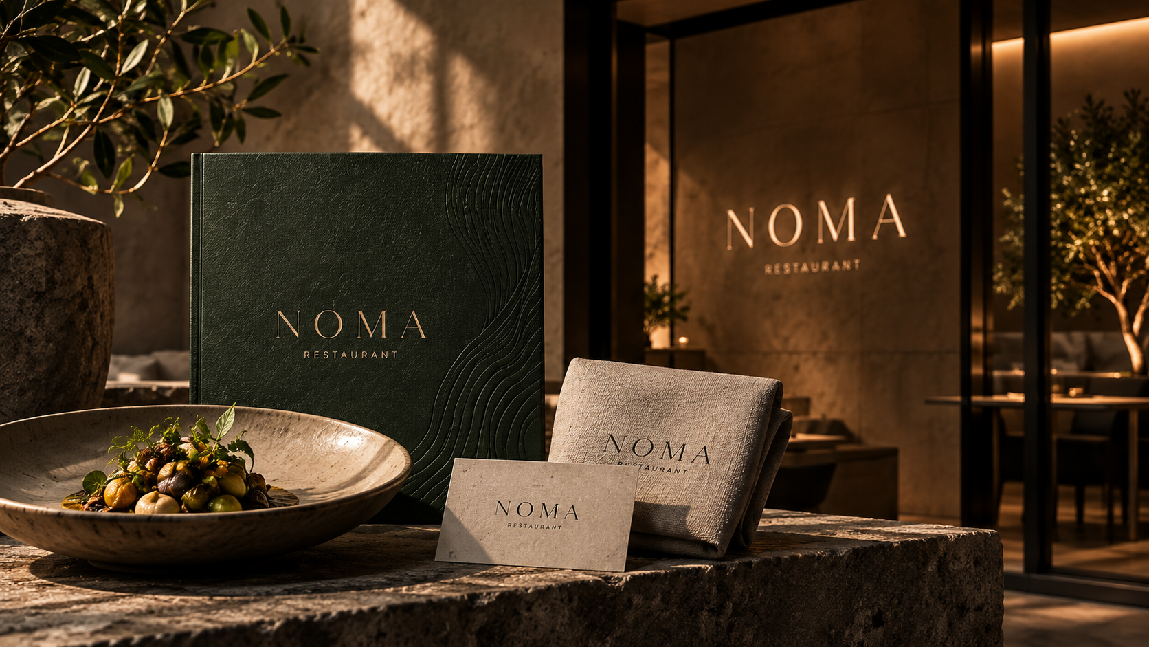 NOMA menu, linen and a plated course set at the restaurant entrance